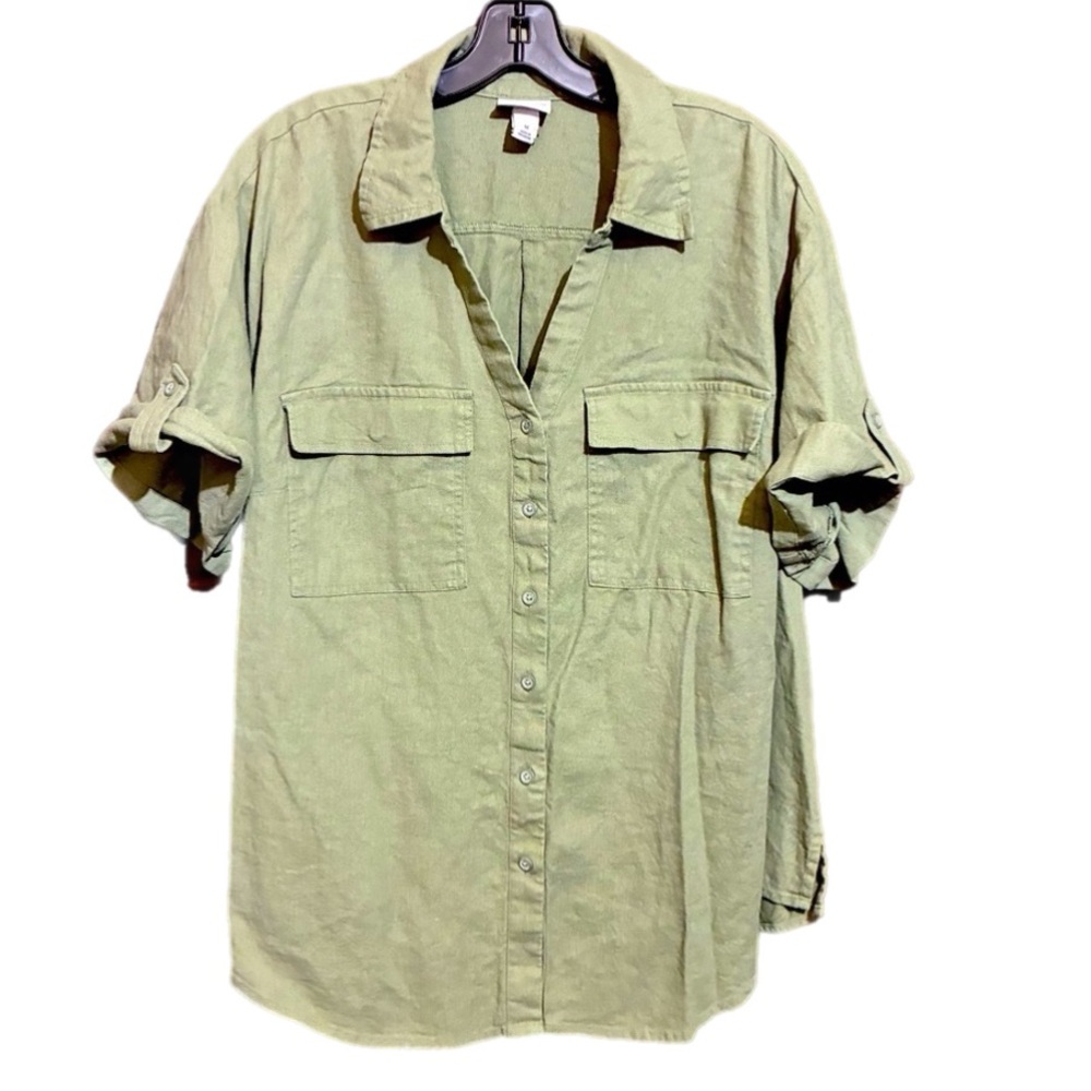 Ava & Viv Linen Blend Short Cuffed Sleeves Shirt Green Button Down Coastal Sz 1X